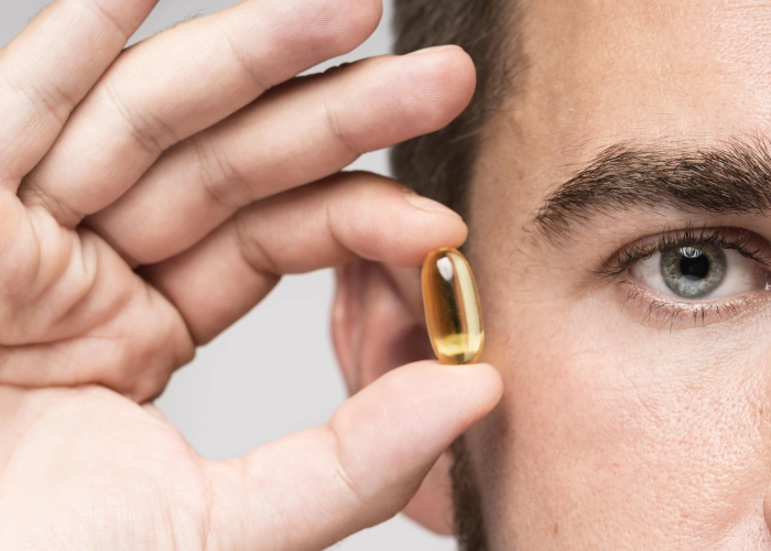 man-holding-yellow-pill-his-face